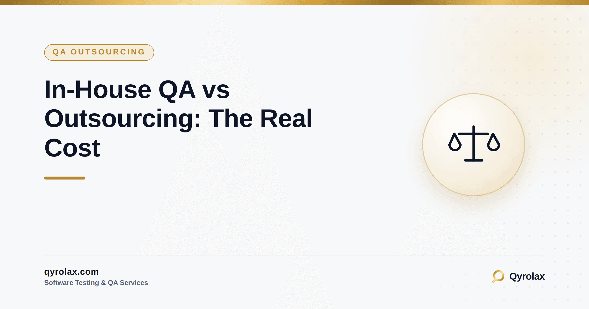 Split illustration comparing an in-house QA team's office setup against a distributed outsourced QA team, with a cost comparison chart between them